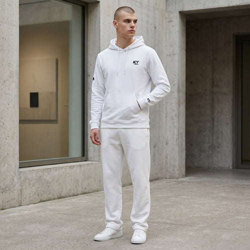 Icy Culture white cotton blend hoodie with adjustable hood, kangaroo pocket and embroidered logo on chest.