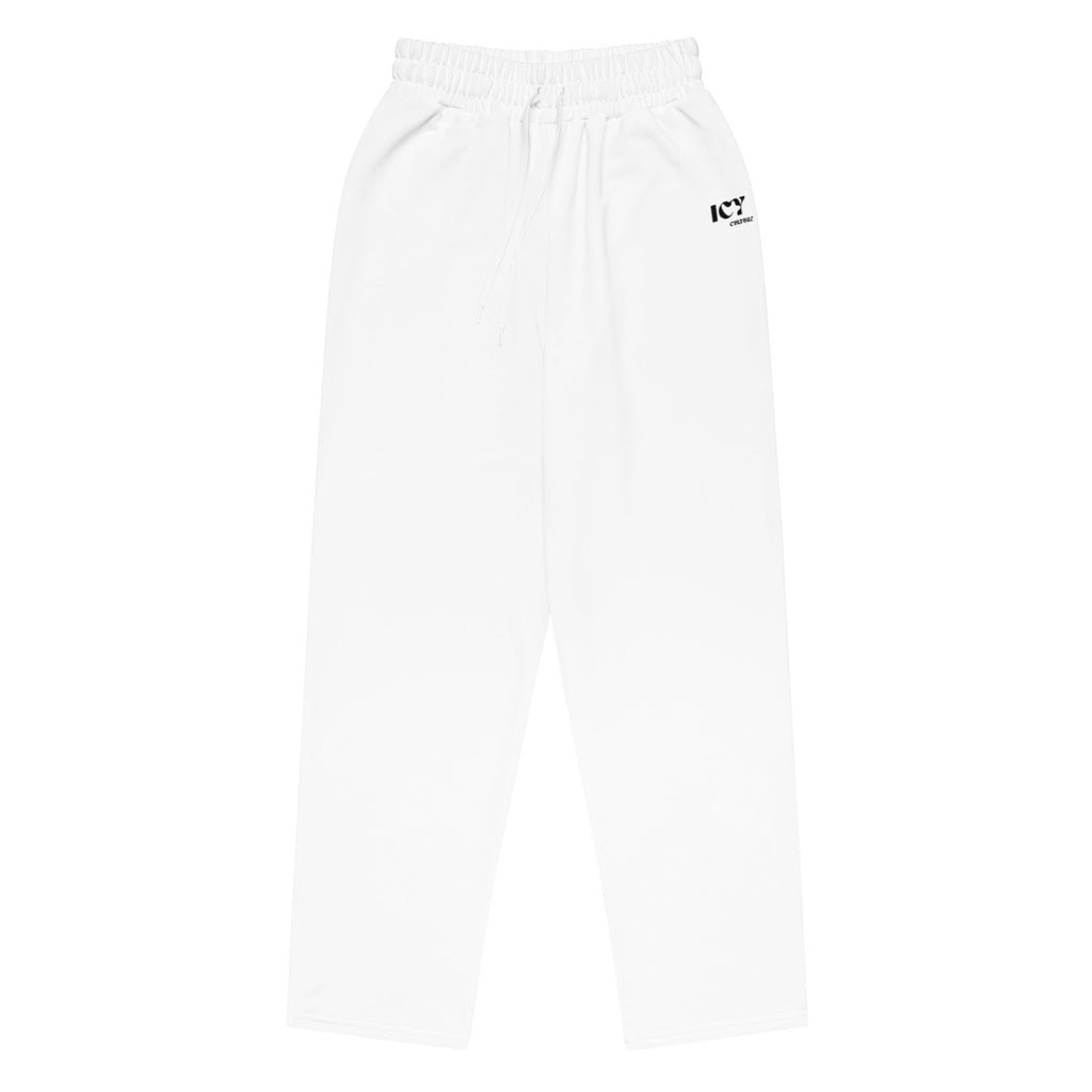 Icy Culture white wide-leg joggers with drawstring and side pockets, made from recycled polyester and elastane.