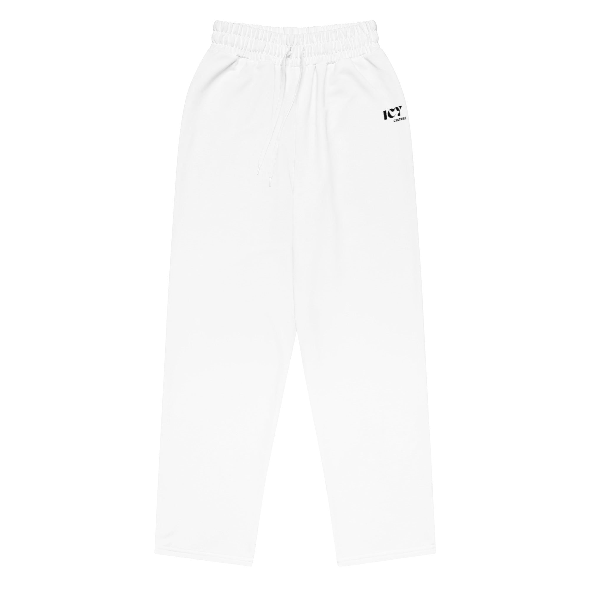 Icy Culture white wide-leg joggers with drawstring and side pockets, made from recycled polyester and elastane.