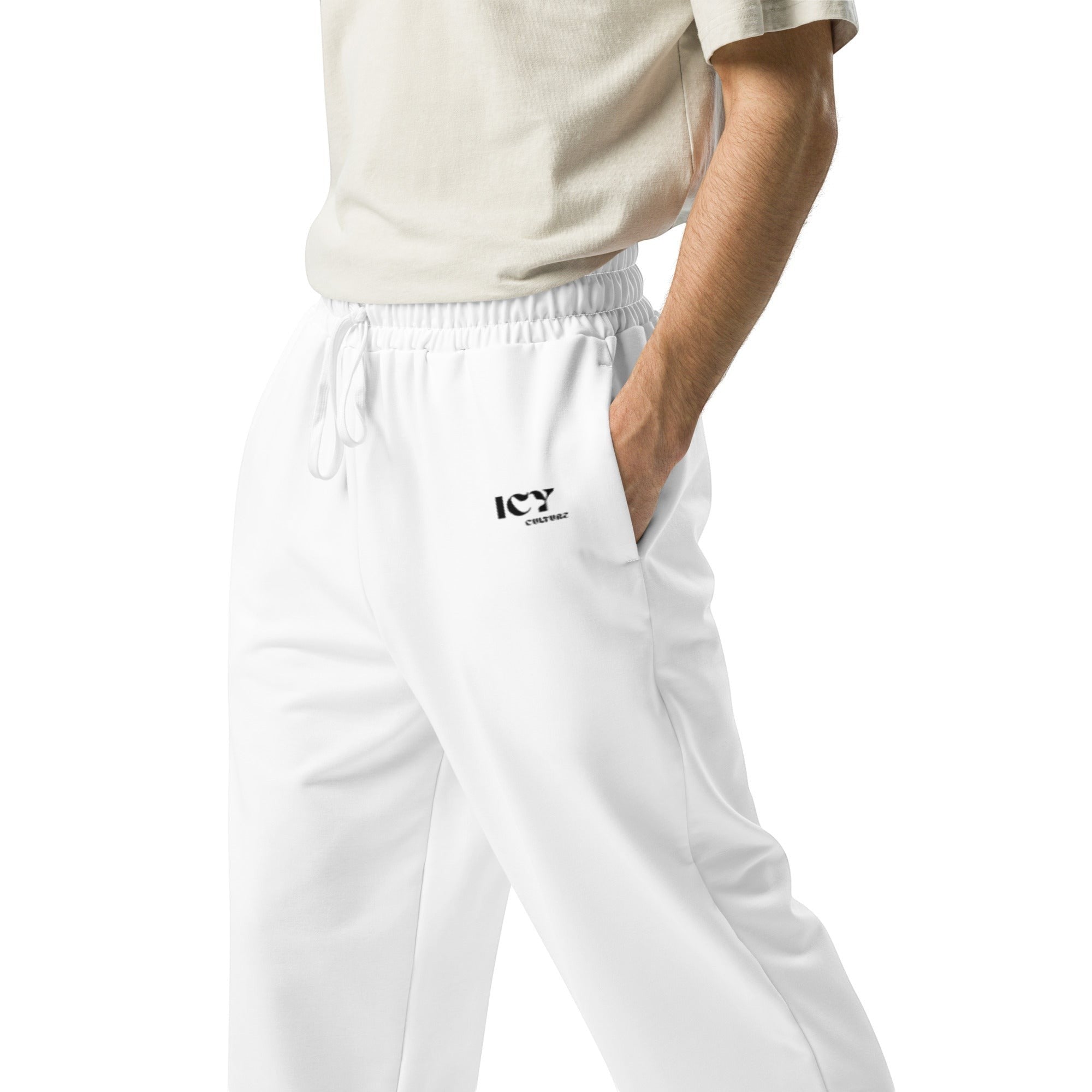 Icy Culture white wide-leg joggers with drawstring and side pockets, made from recycled polyester and elastane.