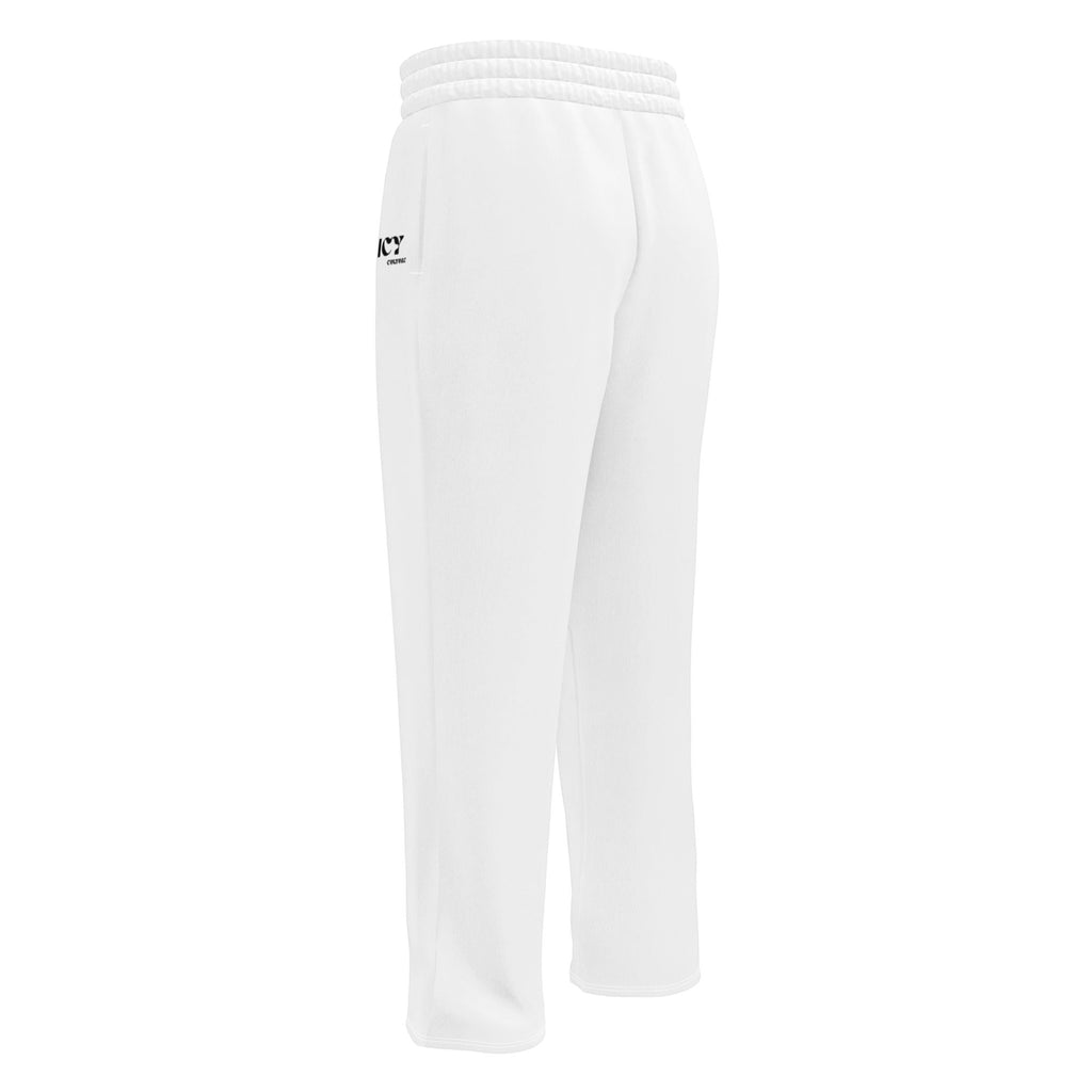 Icy Culture white wide-leg joggers with elastic waistband and drawstring, made from recycled polyester and elastane.