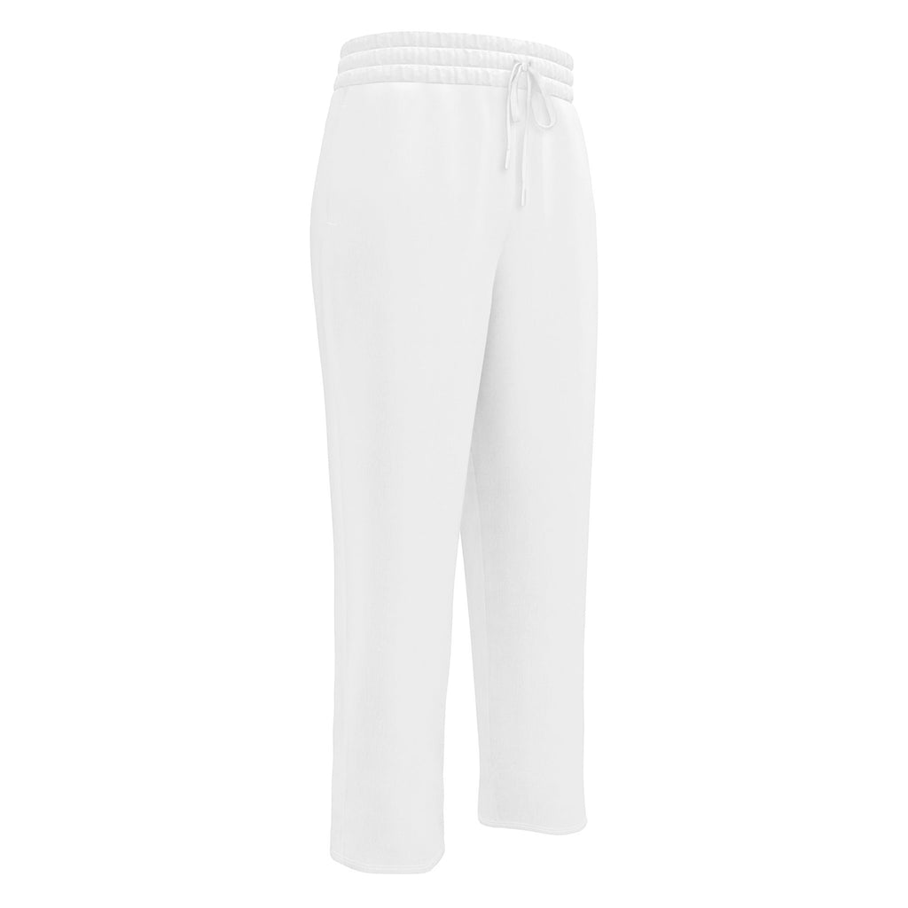 Icy Culture white wide-leg joggers with drawstring waist and side pockets, made from recycled polyester and elastane.