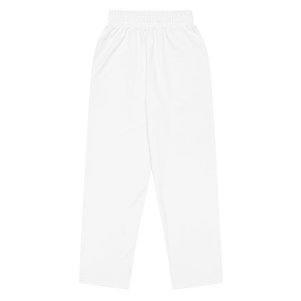 Icy Culture white wide-leg joggers with elastic waistband and drawstring, made from recycled polyester and elastane.