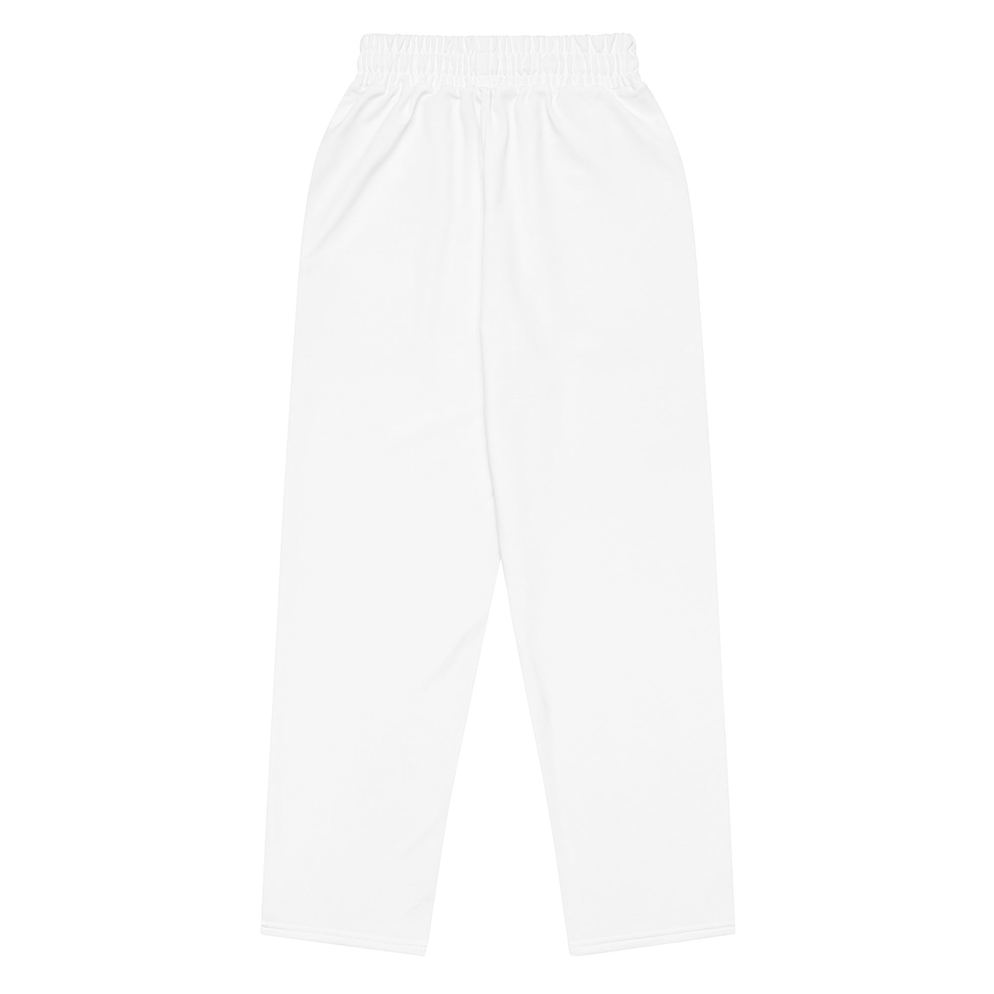 Icy Culture white wide-leg joggers with elastic waistband and drawstring, made from recycled polyester and elastane.