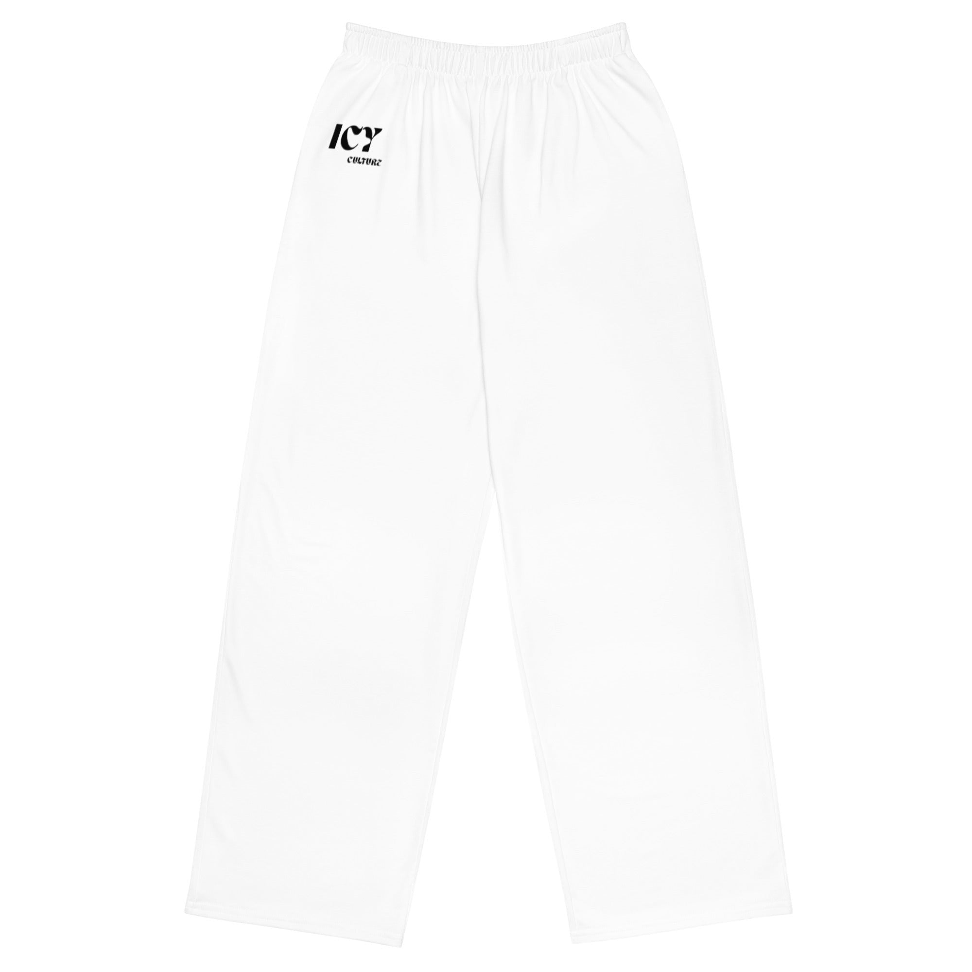 Icy Culture unisex wide-leg pants in white, featuring an elastic waistband with a white drawstring and side pockets. Made from a premium knit mid-weight jersey fabric.