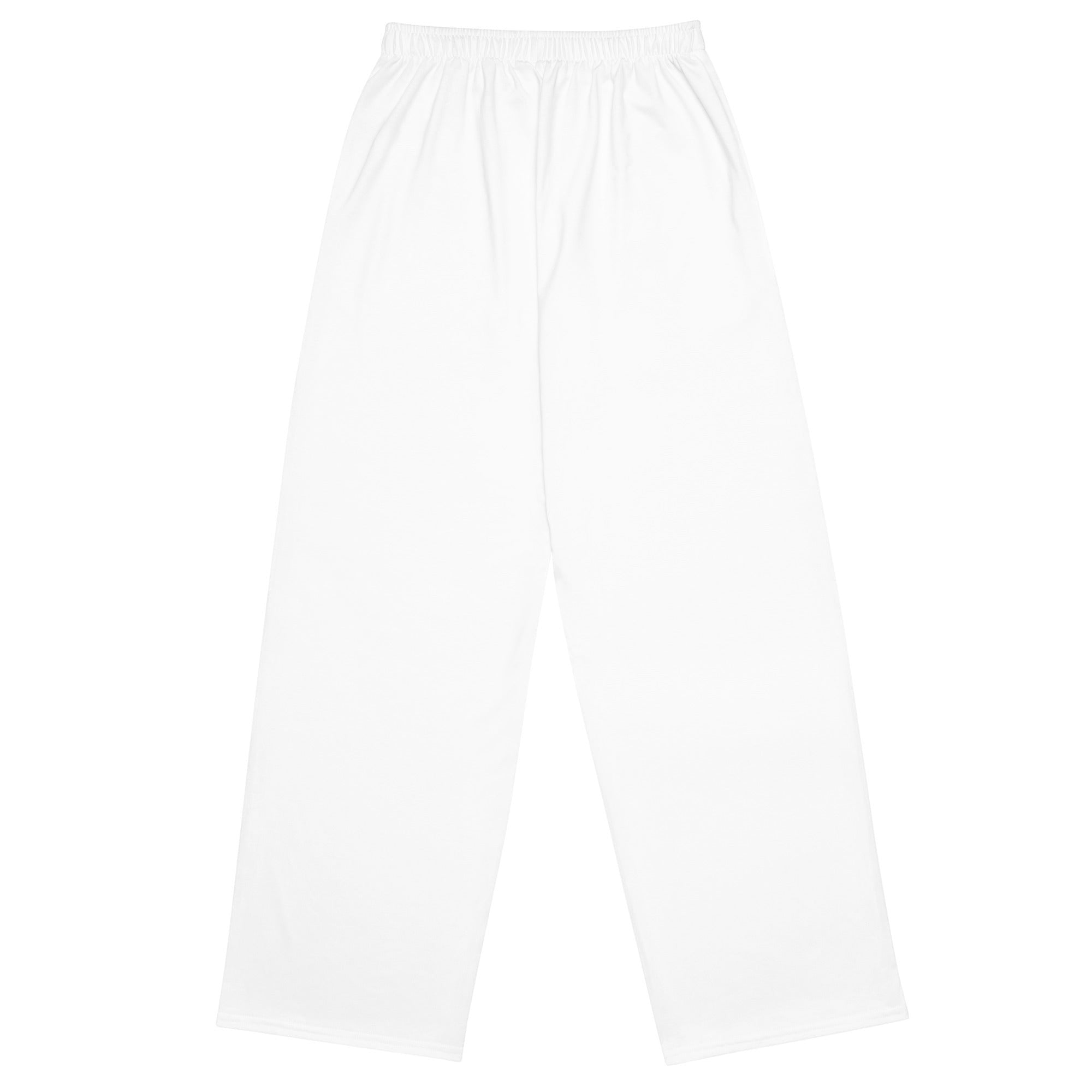 Icy Culture white unisex wide-leg pants in stretchy jersey fabric with elastic waistband and drawstring.