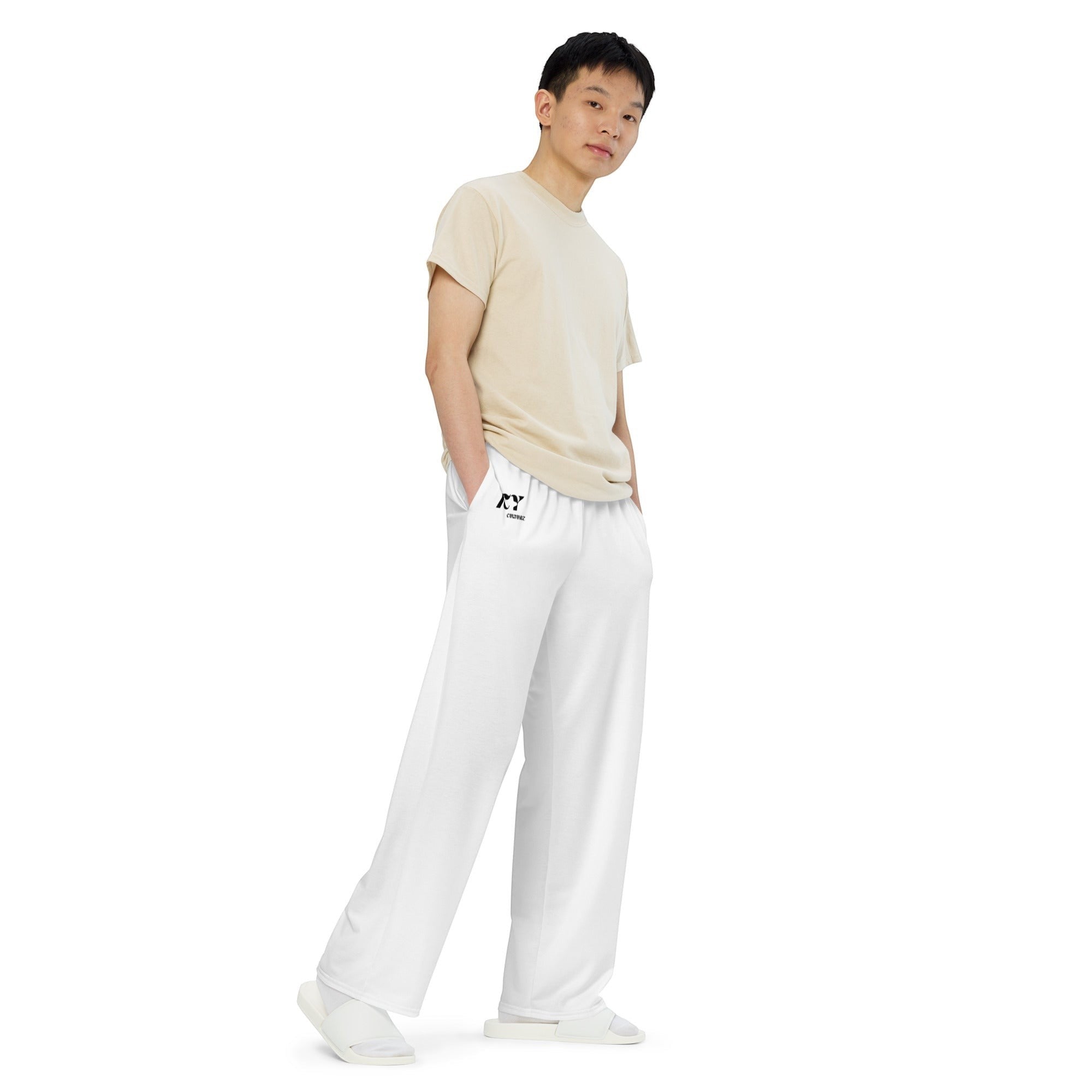 Icy Culture unisex wide-leg white jersey pants with adjustable waist and side pockets.