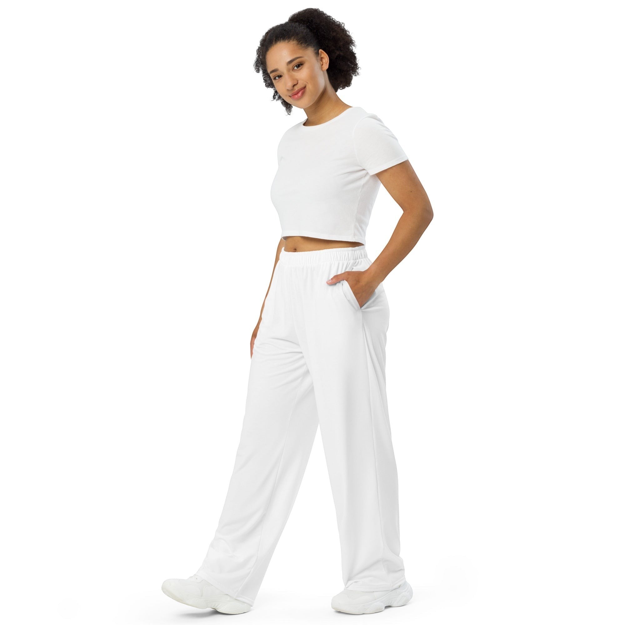 Icy Culture white wide-leg pants with adjustable waist and pockets, made from a comfortable stretchy fabric.