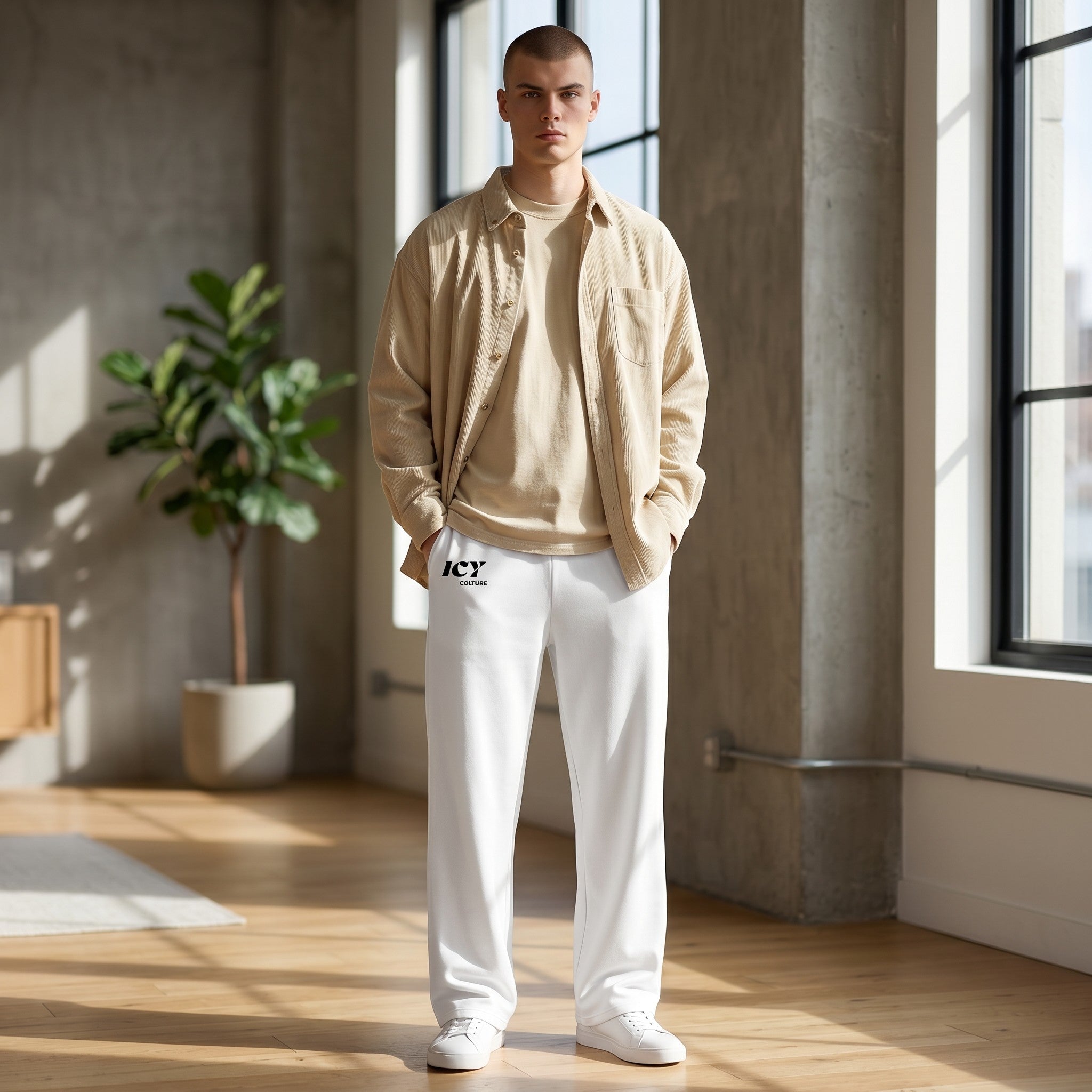 Icy Culture unisex wide-leg white jersey pants with adjustable waist and black logo. Relaxed fit.