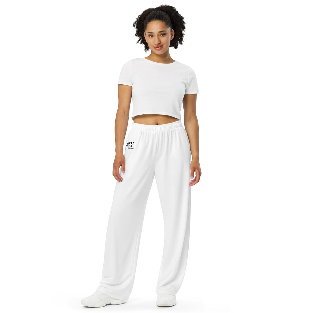 Icy Culture white unisex wide-leg pants with adjustable waist and side pockets, made from a stretchy knit fabric.