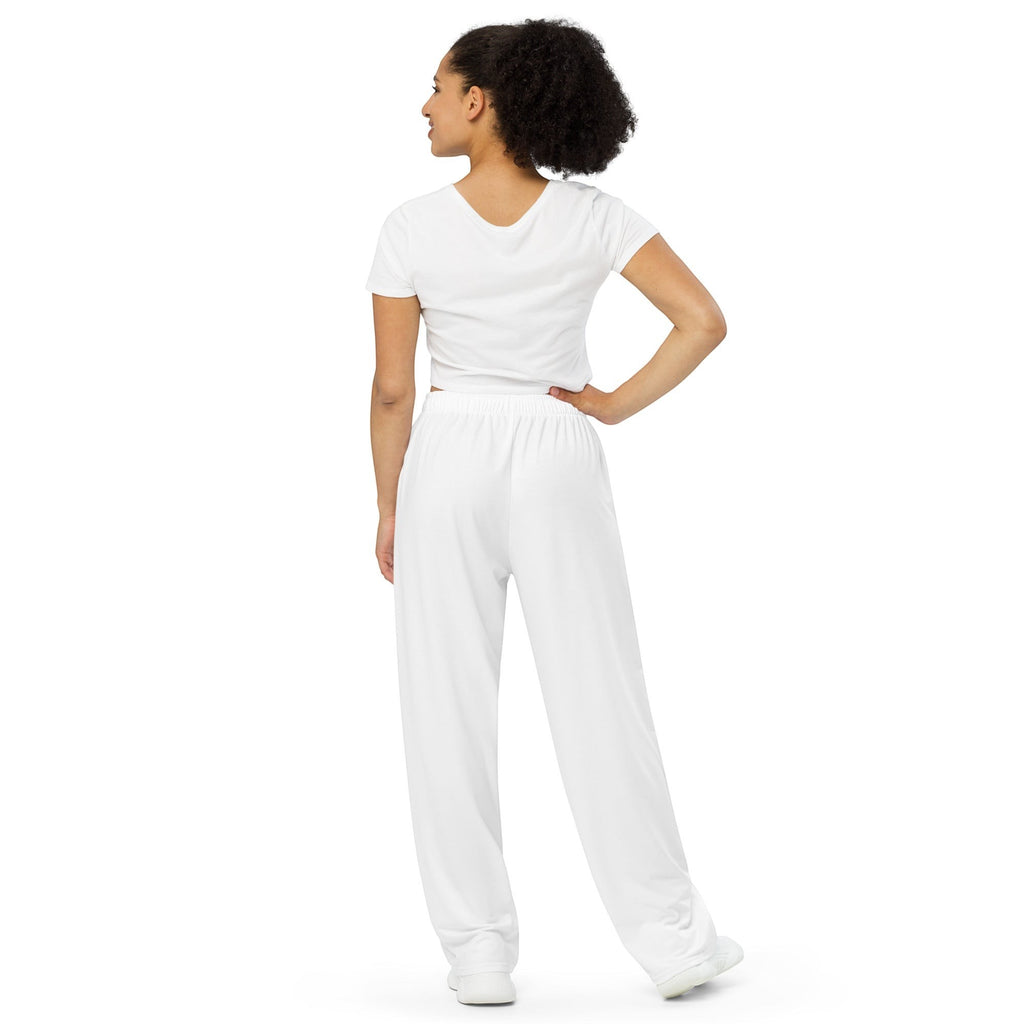 Icy Culture white unisex wide-leg pants with elastic waistband and drawstring, made from stretchy knit fabric.