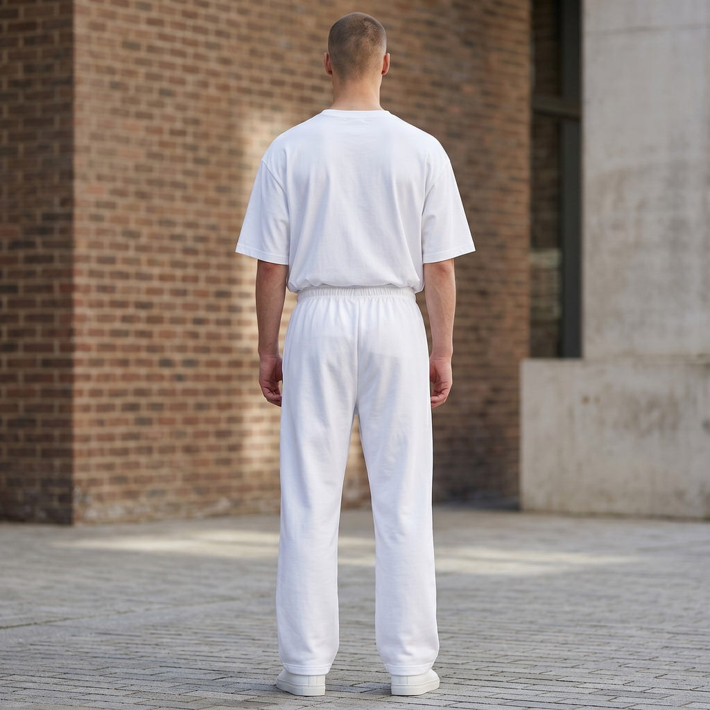 Icy Culture white unisex wide-leg pants in stretchy jersey fabric with elastic waistband and drawstring.