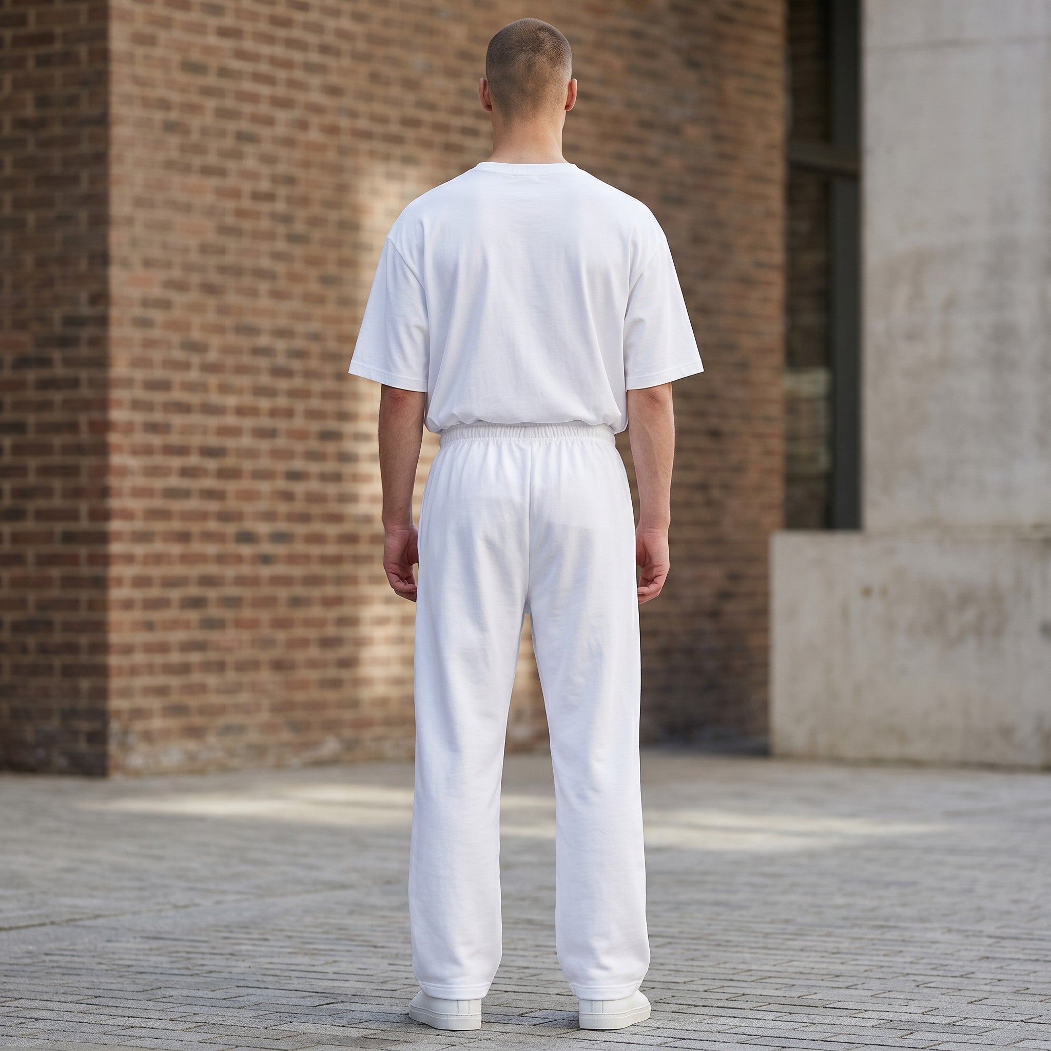 Icy Culture white unisex wide-leg pants in stretchy jersey fabric with elastic waistband and drawstring.