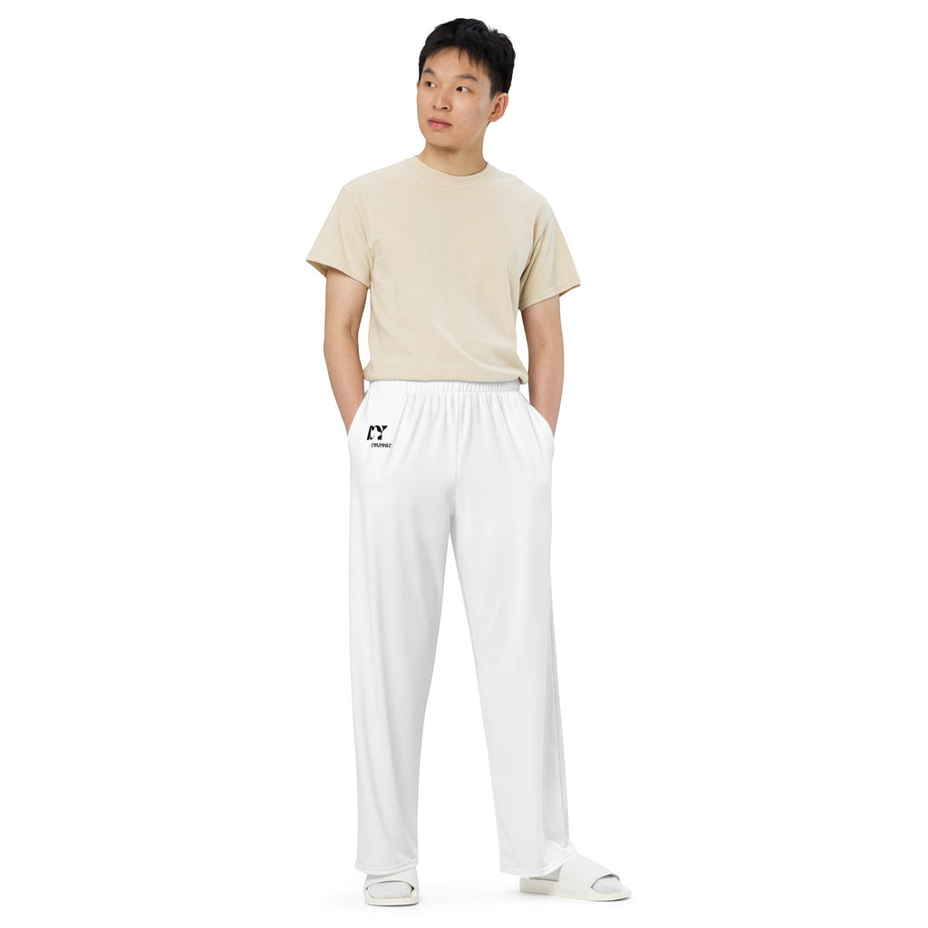 Icy Culture unisex white wide-leg pants with adjustable waist and side pockets, made from a stretchy knit fabric.