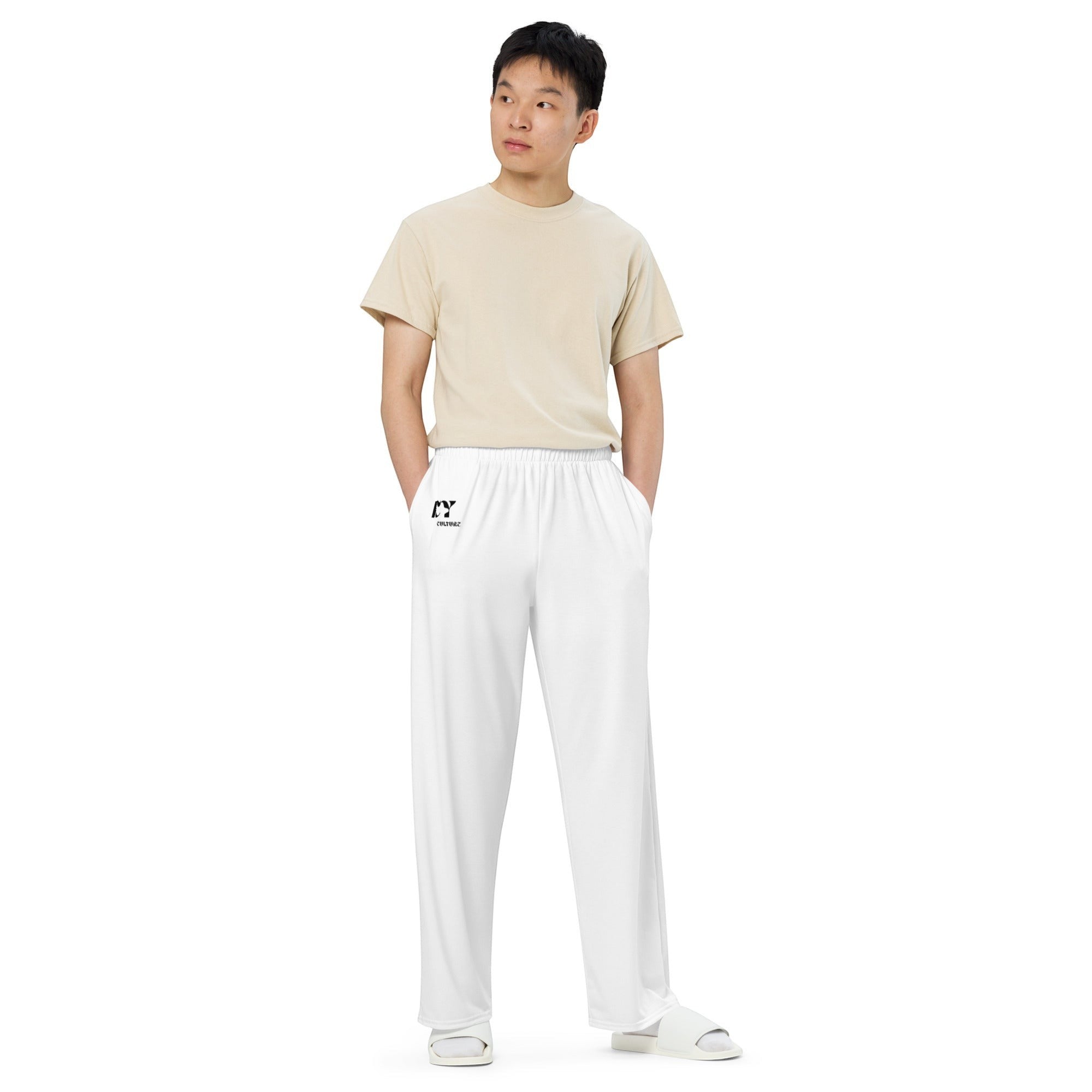 Icy Culture unisex white wide-leg pants with adjustable waist and side pockets, made from a stretchy knit fabric.